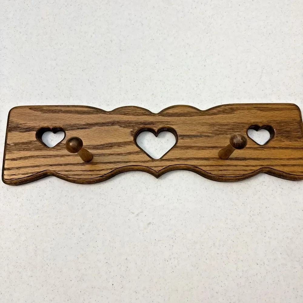 Vintage Wood Wall Shelf Heart Cutouts 2 Peg Hooks Country Cottagecore